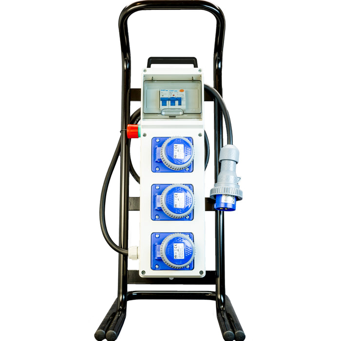 Quadro Elettrico di Distribuzione da Cantiere - 3Prese 220V e Fungo di Emergenza su Cavalletto d'acciaio - ElettroWatt.eu