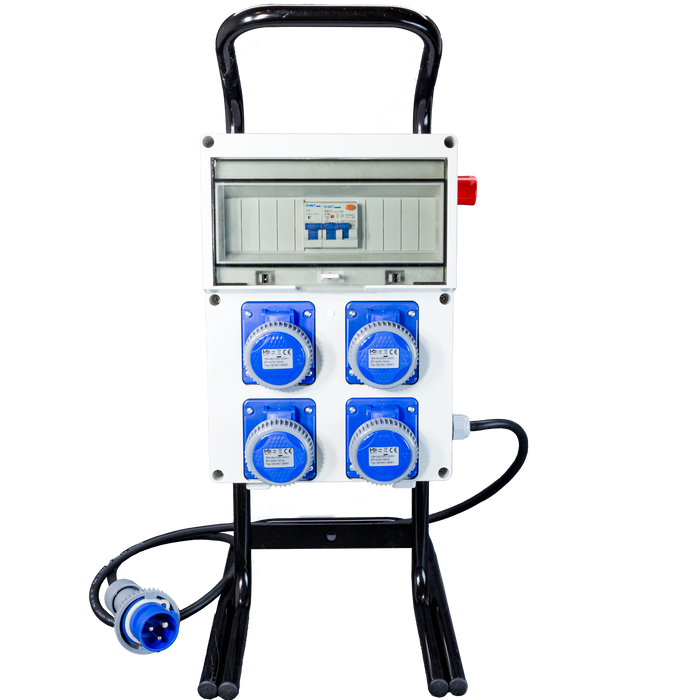 Quadro Elettrico di Distribuzione da Cantiere - 4Prese 220V e Fungo di Emergenza su Cavalletto d'acciaio - ElettroWatt.eu