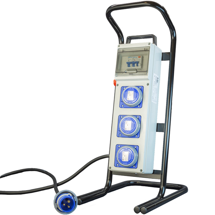 Quadro Elettrico di Distribuzione da Cantiere - 3Prese 220V e Fungo di Emergenza su Cavalletto d'acciaio - ElettroWatt.eu