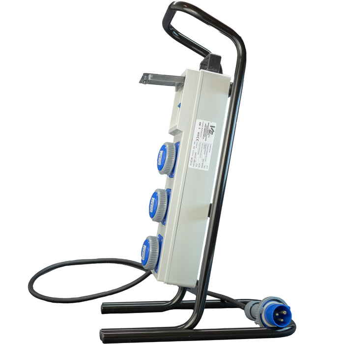 Quadro Elettrico di Distribuzione da Cantiere - 3Prese 220V e Fungo di Emergenza su Cavalletto d'acciaio - ElettroWatt.eu