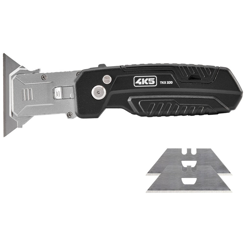 Coltello a serramanico flessibile con lame trapezoidali sostituibili, funzione raschietto integrata e portalame