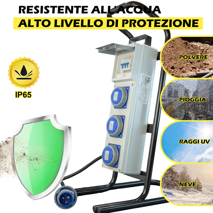Quadro Elettrico di Distribuzione da Cantiere - 3Prese 220V e Fungo di Emergenza su Cavalletto d'acciaio - ElettroWatt.eu