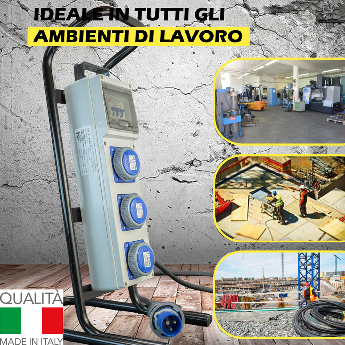 Quadro Elettrico di Distribuzione da Cantiere - 3Prese 220V e Fungo di Emergenza su Cavalletto d'acciaio - ElettroWatt.eu