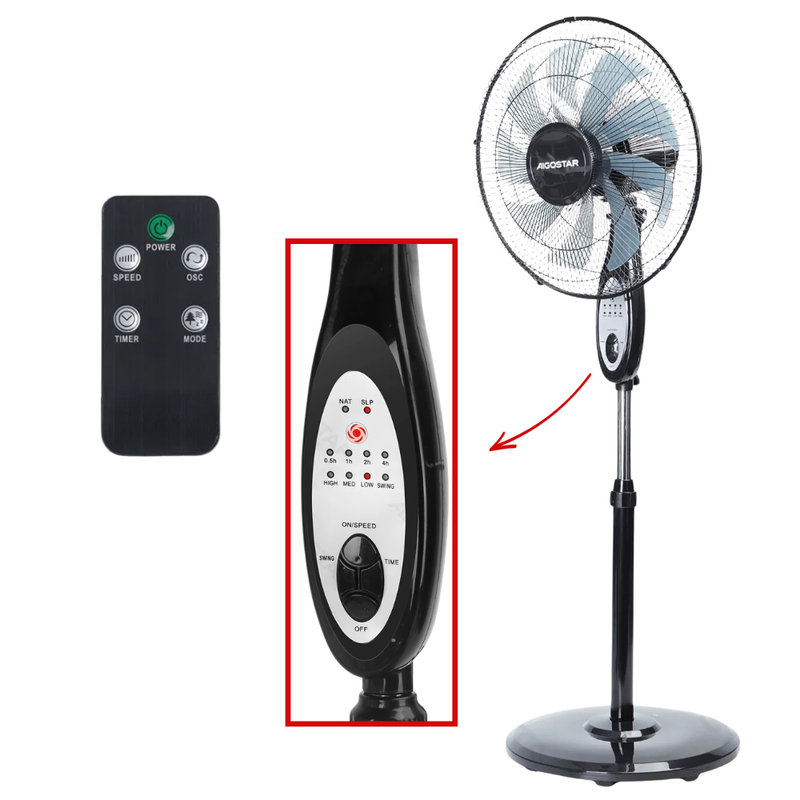 Ventilatore a piantana con telecomando e timer - oscillante o fisso ad inclinazione variabile- 9 pale in ferro cromato -55W- 3 velocità - Diametro 40cm - altezza regolabile