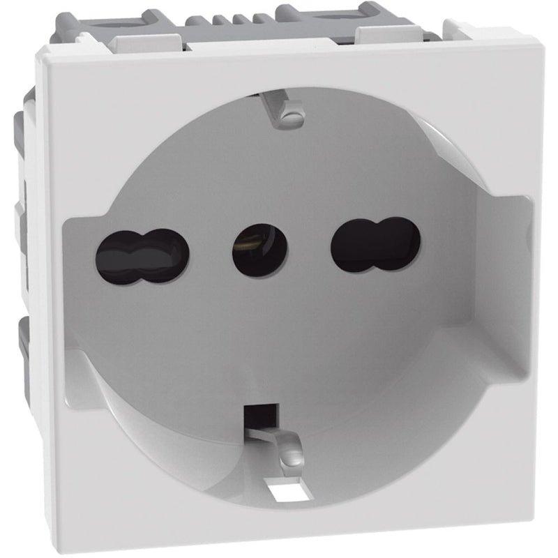 Presa standard Italia P40 2 P+T 16 A 250 Va.c. - interasse 19 mm e 26 mm in configurazione bipasso - alveoli protetti; contatti laterali di terra per spine standard tedesco; adatta per spine standard Italia 2 P e 2 P+T 10/16 A, spine standard tedesco 2 P