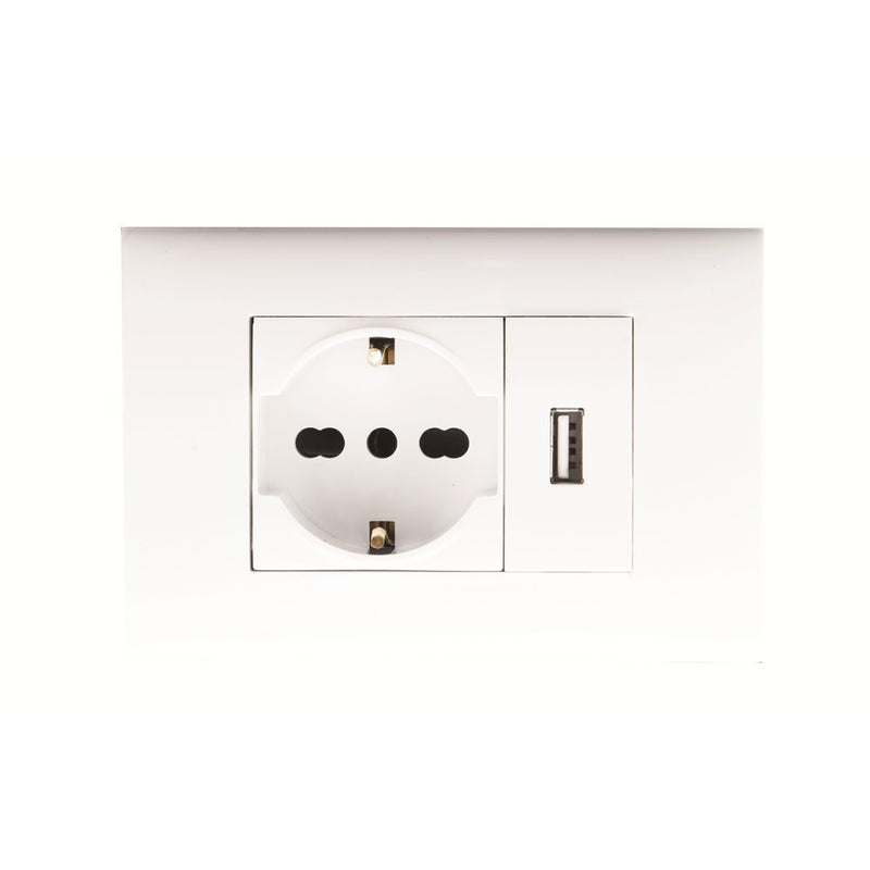 KIT 3 MODULI CON SUPPORTO+PLACCA+PRESA UNIVERSALE+MODULO USB 2.1A BIANCO