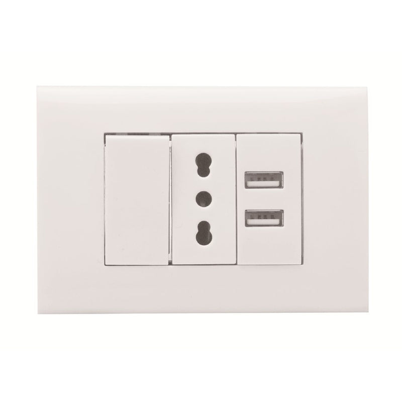 KIT 4 MODULI C/SUPPORTO+PLACCA+PRESA BIPASSO+2 USB 2.1A+INT UNIP BIANCO