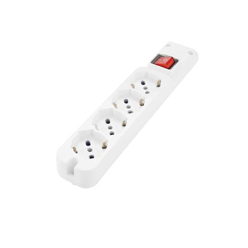 Multipresa 4 posti con interruttore senza cavo.
4 prese bivalenti 2P+T – 10\16A, attacco Schuko