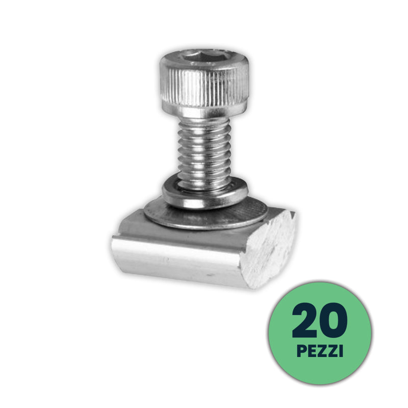 Dadi TT per Ancoraggio Ganci a Profilo 20 Pezzi - Confezione da 20 dadi TT per ancoraggio ganci a profilo in alluminio, ideali per il fissaggio sicuro dei pannelli solari fotovoltaici. Realizzati con materiali resistenti alla corrosione, garantiscono sta