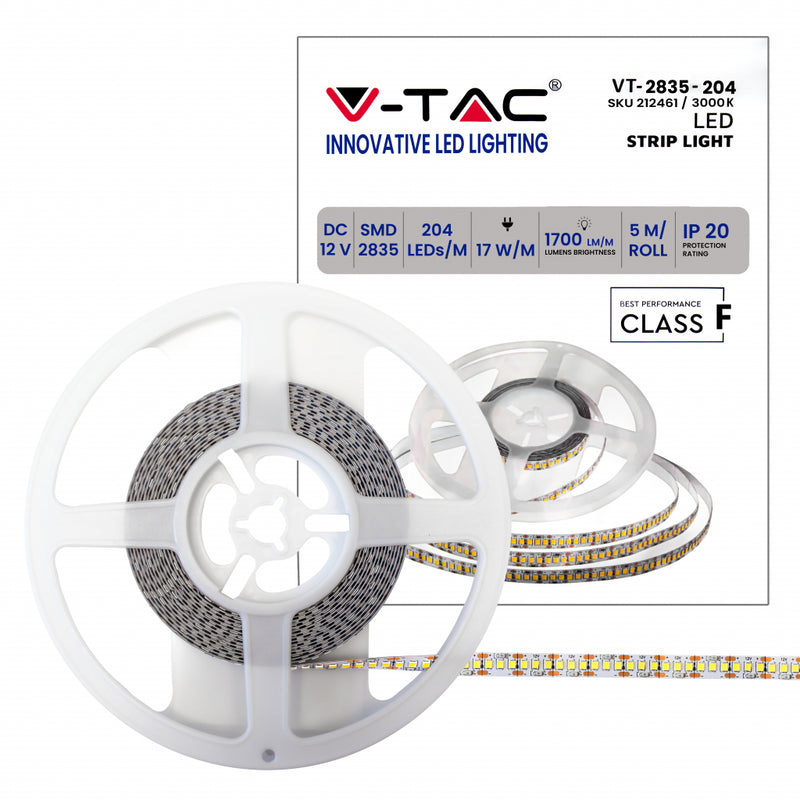 V-TAC Strip LED SMD2835 17W/m 5m 204 LED/m 12V 3000K IP20 10mm