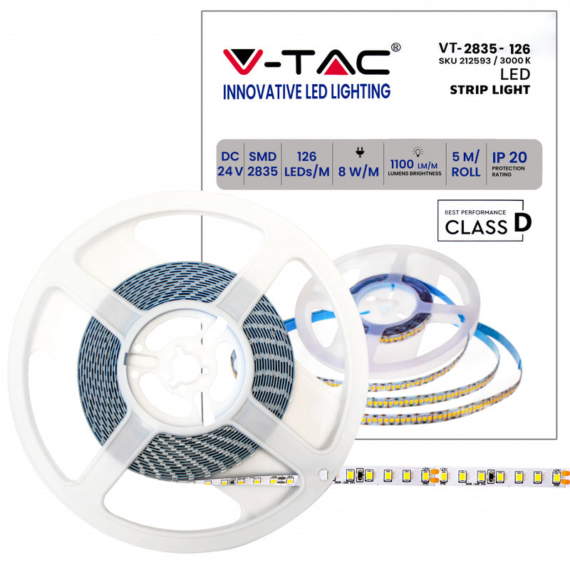 V-TAC Strip LED SMD2835 8W/m 5m 120 LED/m 137LM/W 24V 3000K IP20 8mm