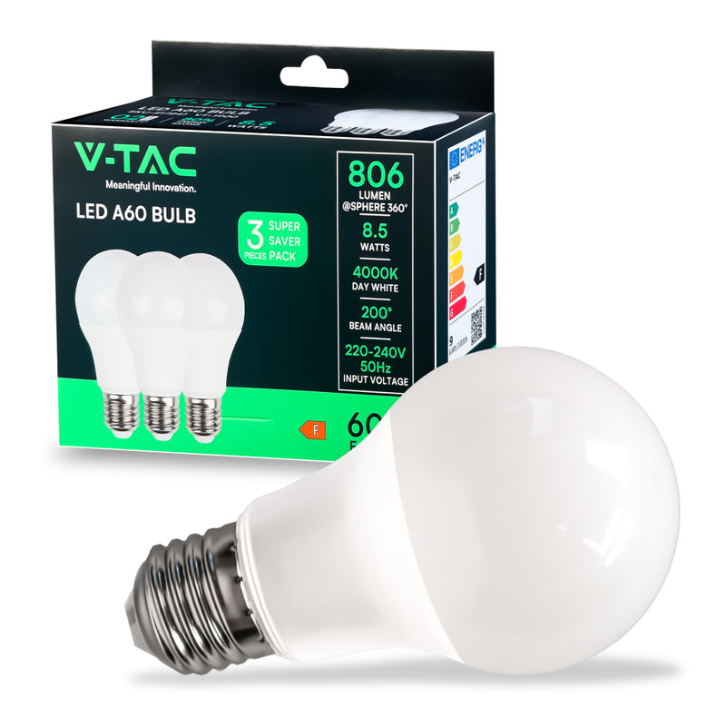 V-TAC Lampadina LED E27 8,5W A60 4000K (Box 3 pezzi)