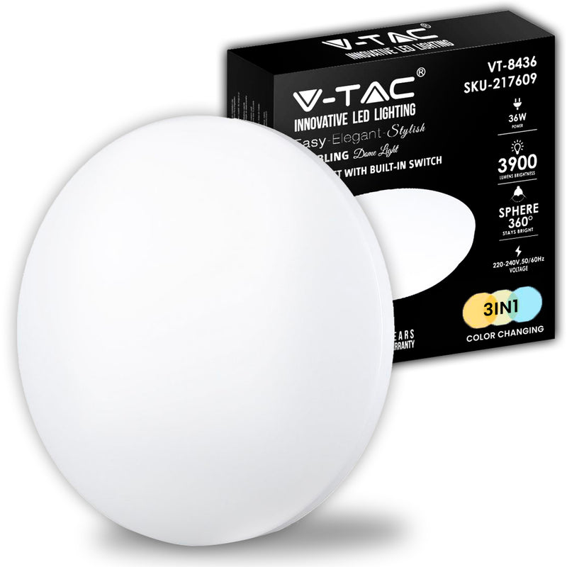 V-TAC Plafoniera LED Rotonda 36W con Interruttore Cambia Colore 3 in 1 Satinata d: 480mm h: 65mm