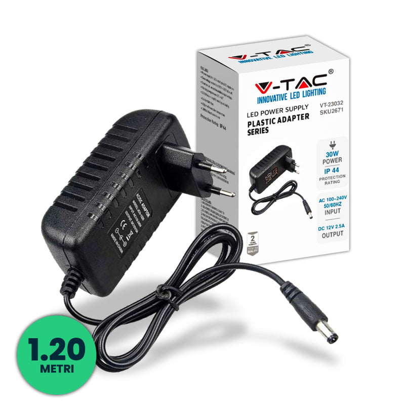 V-TAC Alimentatore in Plastica 30W 12V 2.5A Plug and Play con Jack 2.1 Colore Nero Cavo da 1.2m IP44