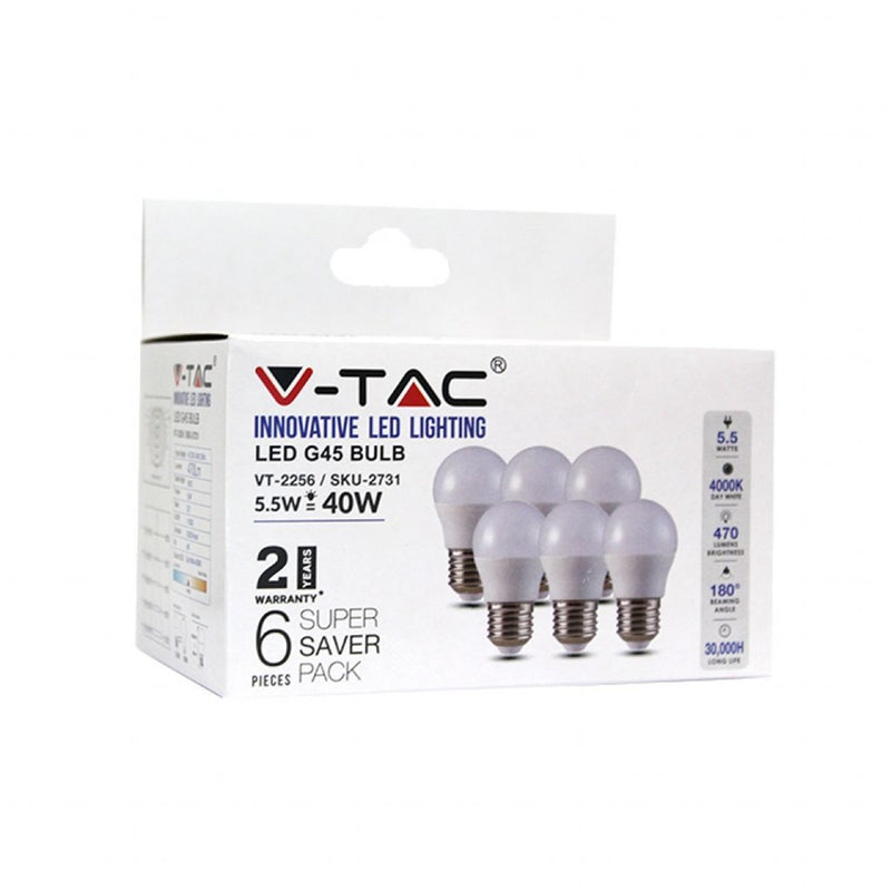 Lampadina LED E27 5,5W G45 4000K (Box 6 pezzi)
