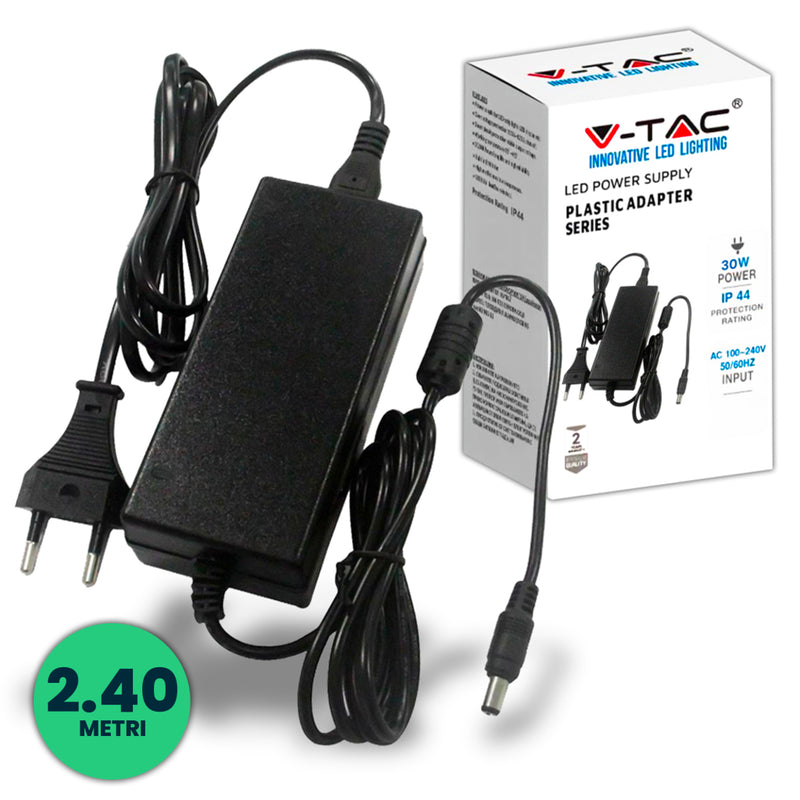 V-TAC Alimentatore per Strip LED 30W 12V 2.5A Plug and Play con Jack 2.1 e Cavo 2.4m con Spina, Protezione EMI e Cortocircuito IP44