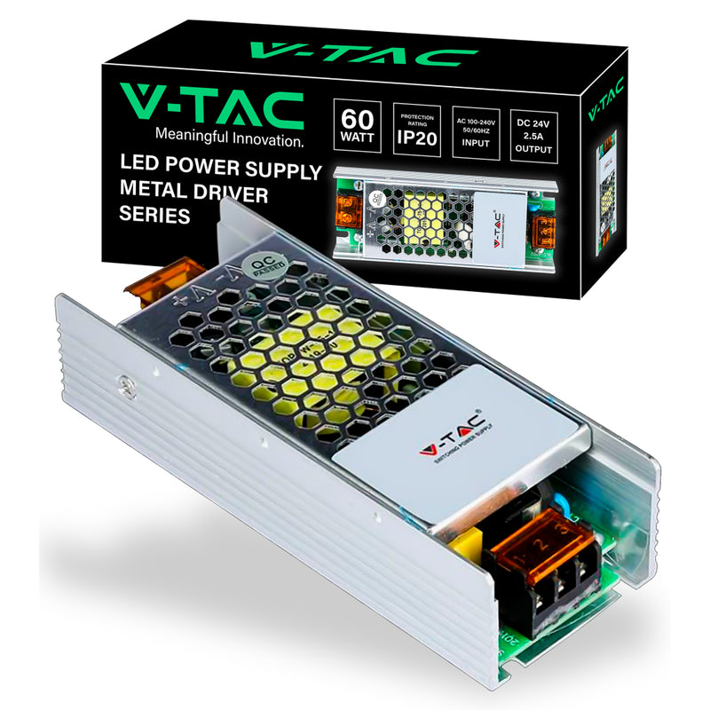 V-TAC Alimentatore Slim in Metallo 60W 24V 2.5A con 1 Uscita 130x50x31mm IP20