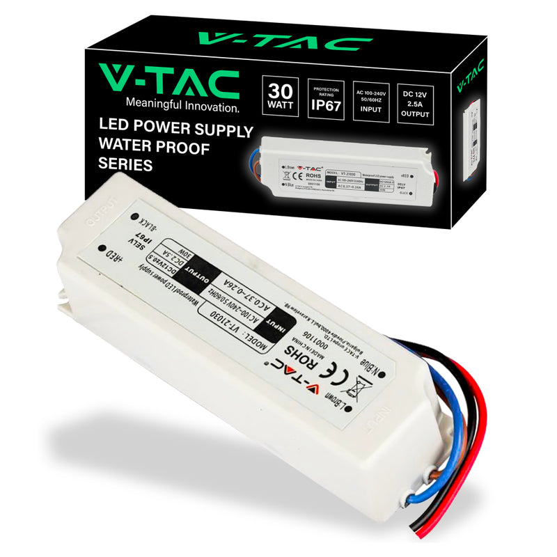 V-TAC Alimentatore in Plastica 30W 12V 2.5A con 1 Uscita e Cavi a Saldare Colore Bianco 150x40x30mm IP67