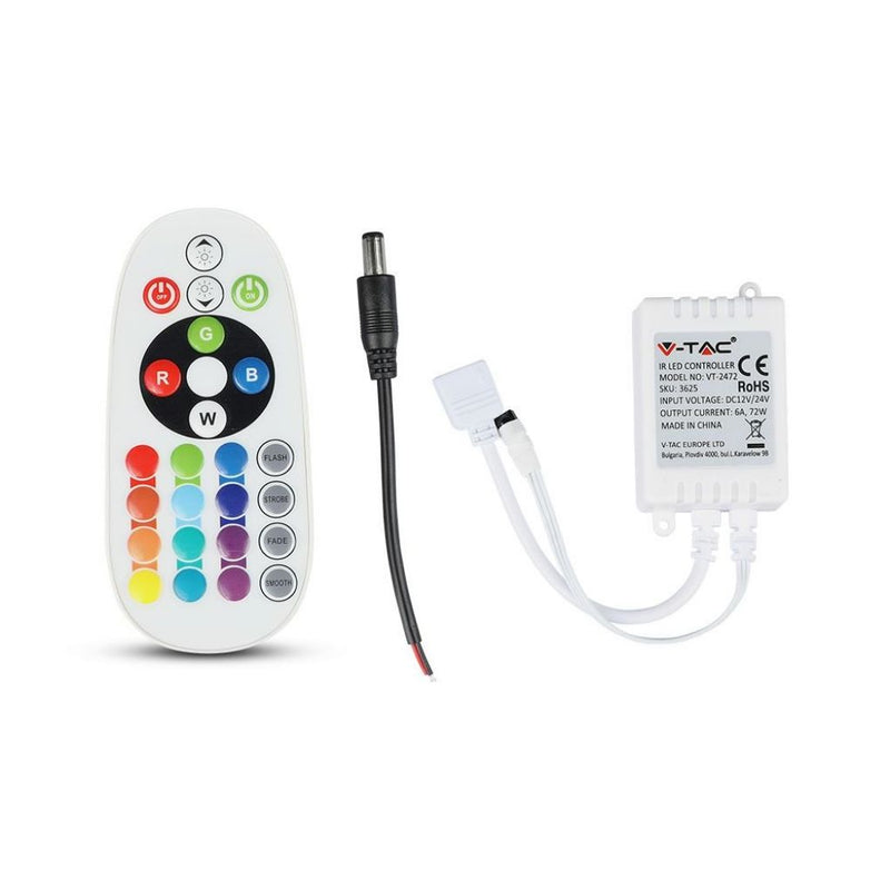 V-TAC Controller Dimmer Infrarossi IR per Strip LED RGB 3 Canali 12V/24V 6A con Telecomando 24 Tasti