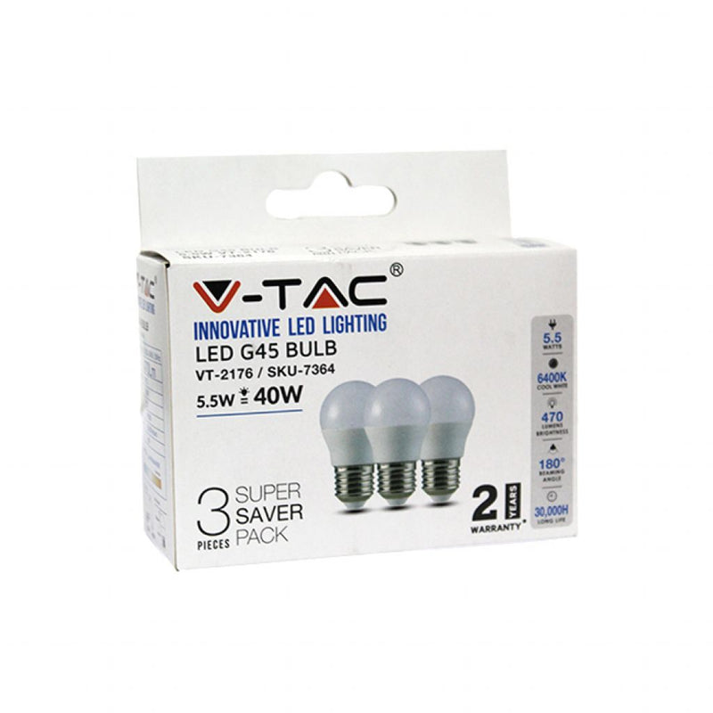 V-TAC Lampadina LED E27 5,5W G45 6400K (Box 3 pezzi)