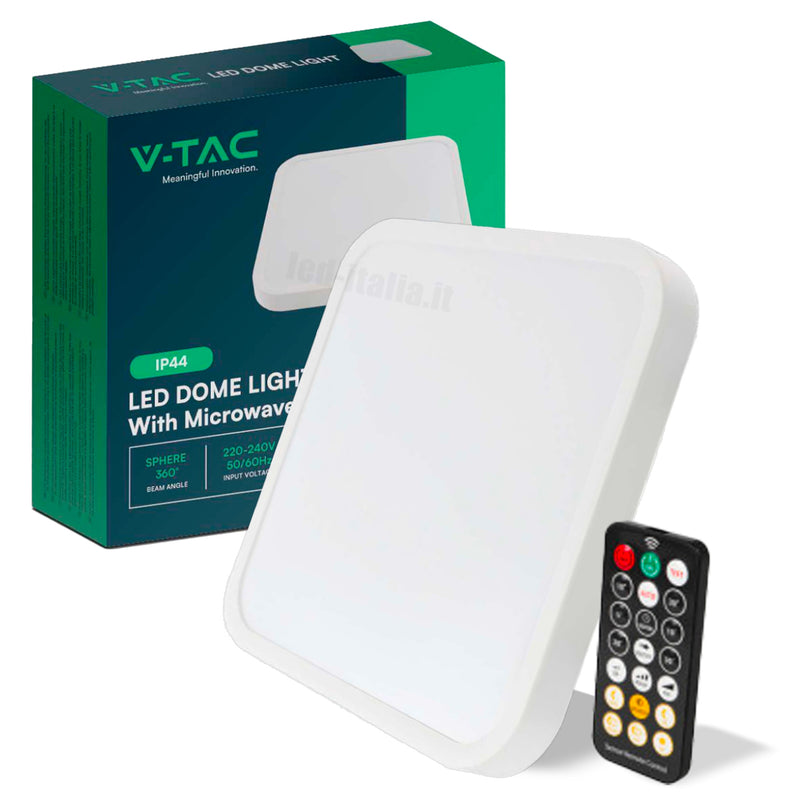 V-TAC Plafoniera LED Quadrata 18W con Telecomando e Sensore di Movimento a Microonde Colore Bianco 4000K IP44