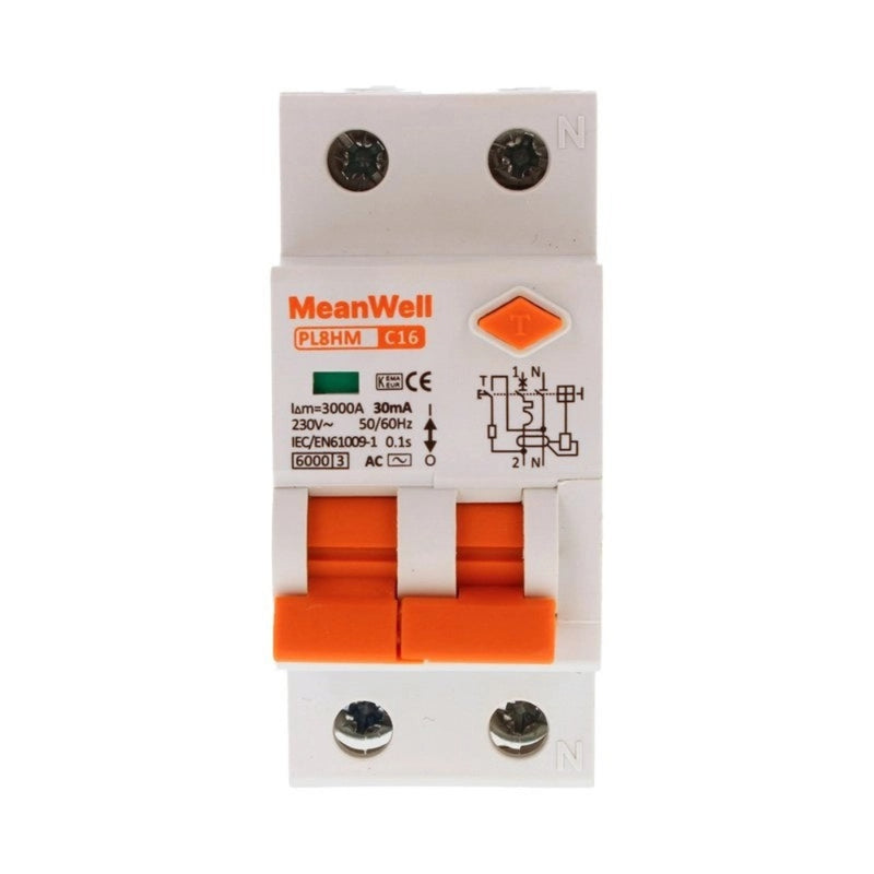 Magnetotermico Differenziale per Quadri Elettrici con Guida DIN, Tipo AC, Curva C, 1 Polo+Neutro 2 Moduli 6kA 30mA C16A 230V IP20 Certificato IEC61009
