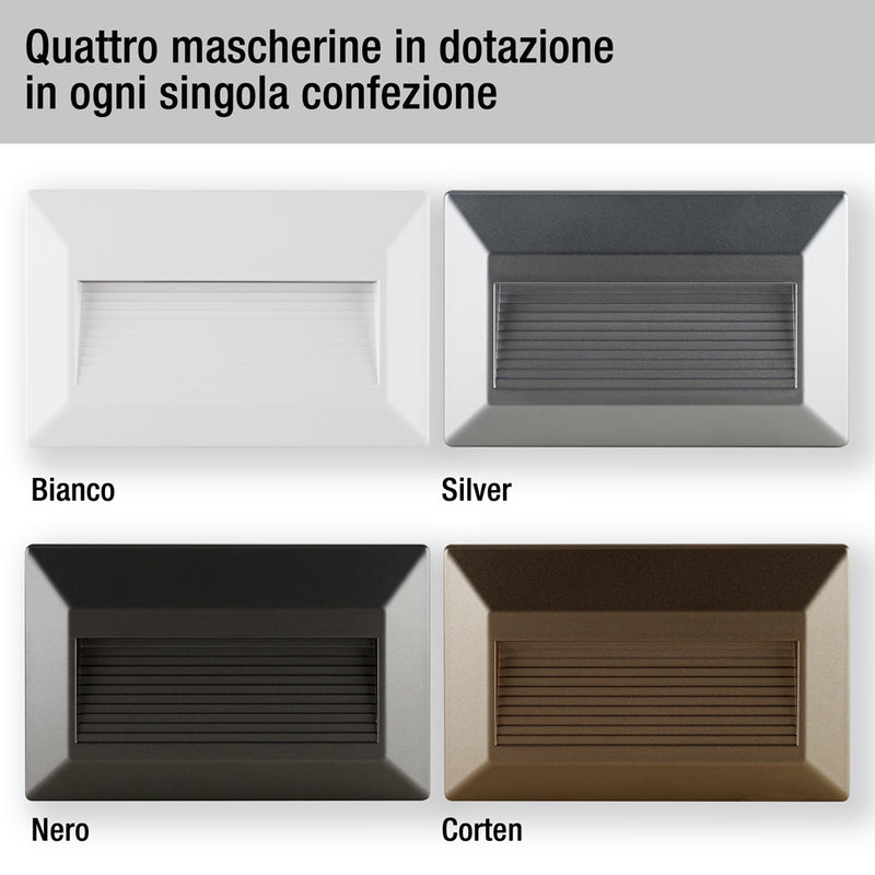 Segnapasso LED 2,8W - 3000K - con 4 mascherine in dotazione - Bianco , Silver , Nero e Corten.