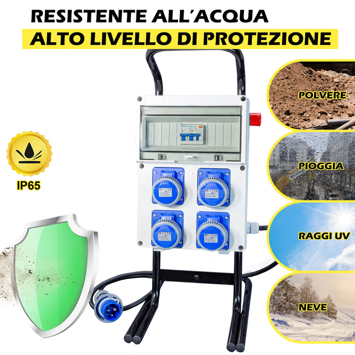 Quadro Elettrico di Distribuzione da Cantiere - 4Prese 220V e Fungo di Emergenza su Cavalletto d'acciaio - ElettroWatt.eu