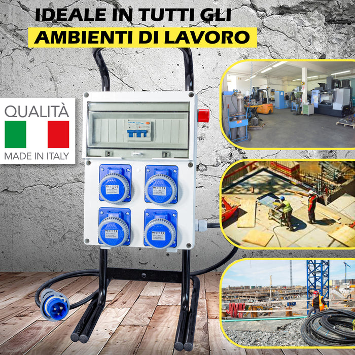 Quadro Elettrico di Distribuzione da Cantiere - 4Prese 220V e Fungo di Emergenza su Cavalletto d'acciaio - ElettroWatt.eu
