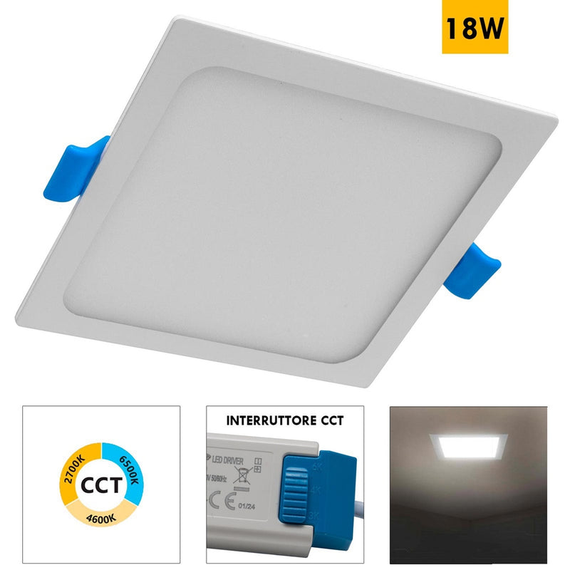 Faretto incasso LED 18W pannello quadrato slim interruttore CCT da 3000K a 6500K luce cucina negozio ufficio foro 20cm