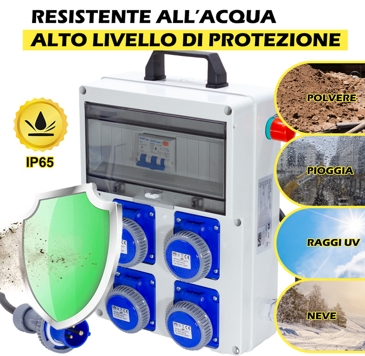 QUADRO ELETTRICO DA CANTIERE ASC 220V MONOFASE CON 4 PRESE IP67 DA 16A + FUNGO DI EMERGENZA - ElettroWatt.eu