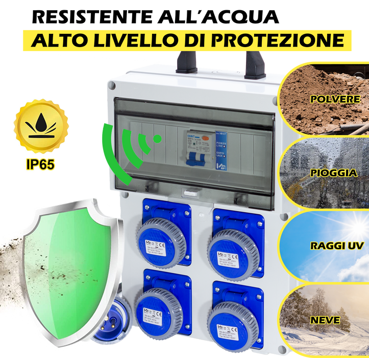 Quadro Elettrico da Cantiere ASC - con allarme di messa a terra - Distributore con 4 Prese Industriali IP67 da 16A con Differenziale da 16A - ElettroWatt.eu
