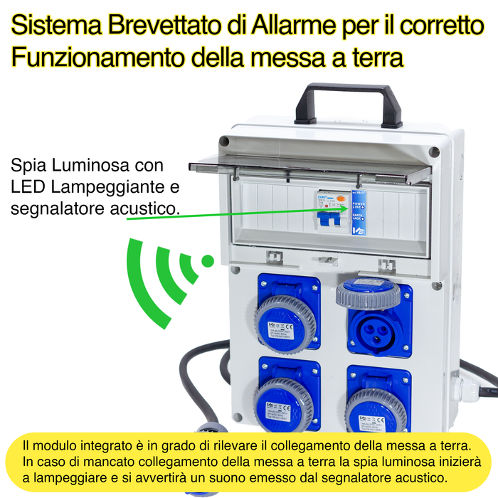 Quadro Elettrico da Cantiere ASC - con allarme di messa a terra - Distributore con 4 Prese Industriali IP67 da 16A con Differenziale da 16A - ElettroWatt.eu