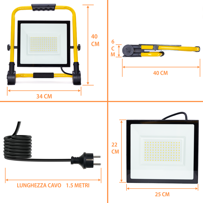 PROIETTORE LED TERMINUS CANTIERE 100W 8000LM C/PIEDISTALLO CAVO MT.1,5 - ElettroWatt.eu