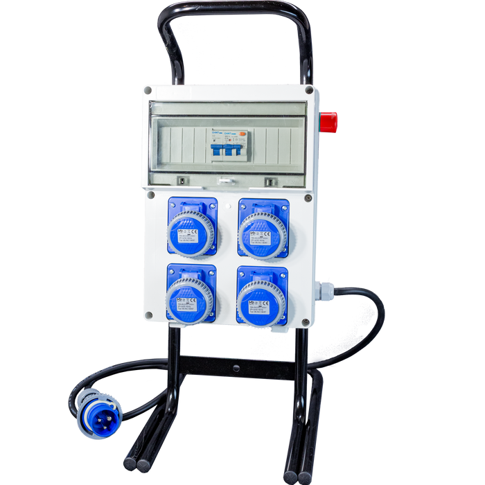 Quadro Elettrico di Distribuzione da Cantiere - 4Prese 220V e Fungo di Emergenza su Cavalletto d'acciaio - ElettroWatt.eu