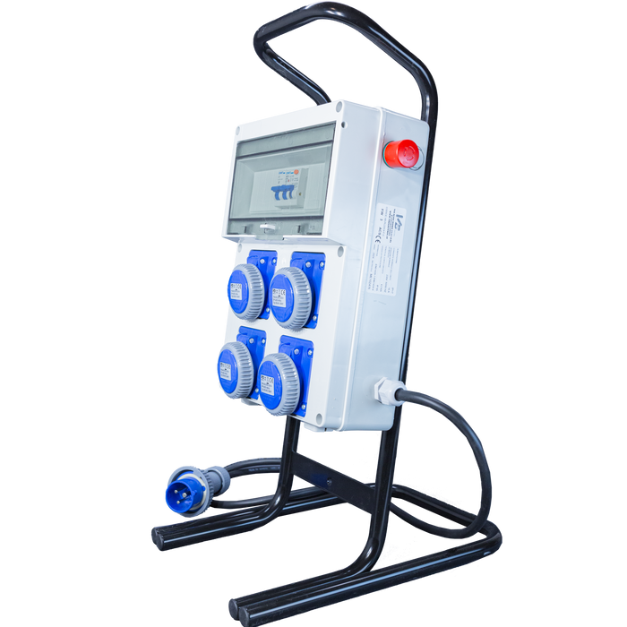 Quadro Elettrico di Distribuzione da Cantiere - 4Prese 220V e Fungo di Emergenza su Cavalletto d'acciaio - ElettroWatt.eu