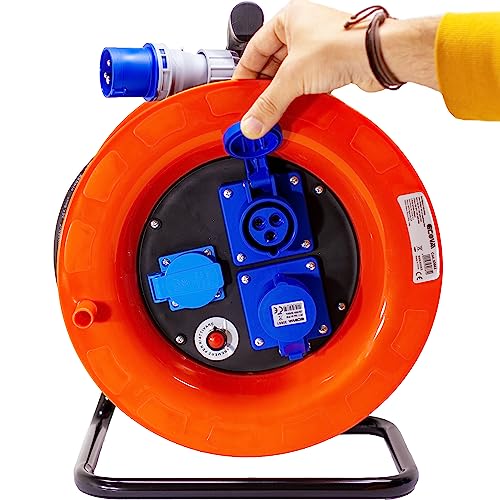 Avvolgicavo industriale IP44 - 2 prese CEE, 1 presa Schuko - 30 metri 220V - Cavo in Neoprene H07Rn-f - ElettroWatt.eu